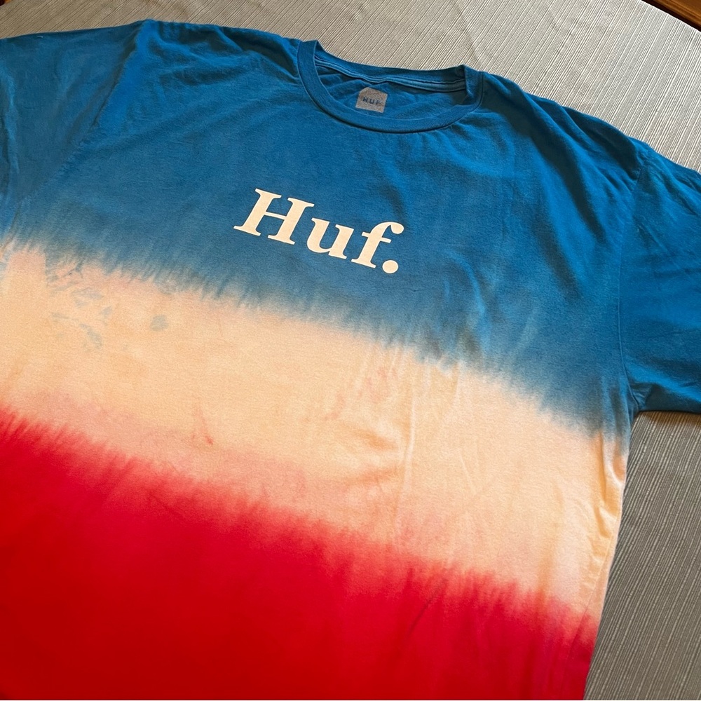 HUF Men’s Large Red, White and Blue Ombré Americana Tie-Dye Color Block Tee